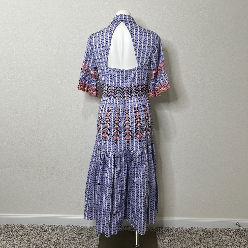 Temperley London Poet Dress 10 Purple Cotton Embroidered Button Tiered Boho Midi - Picture 2 of 10